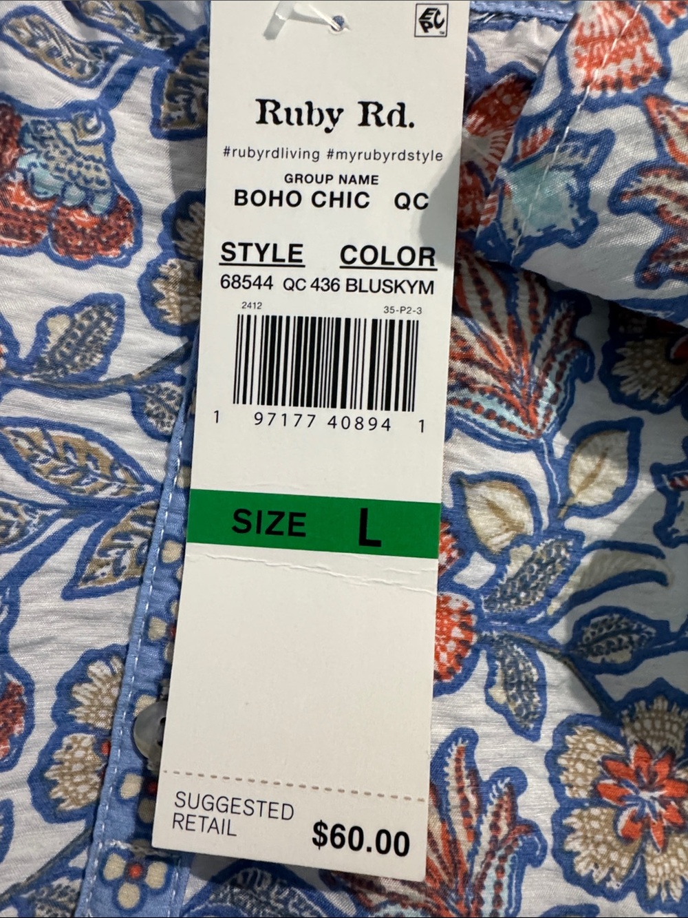 Ruby Rd. Women's Vintage Floral Tie Front Henley Tee in Blues/Orange (Size L) - Picture 9 of 11